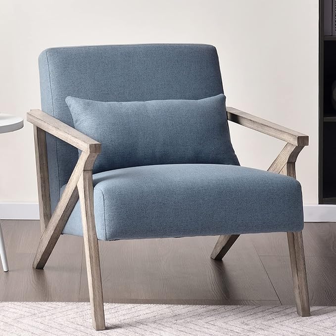 INZOY Mid Century Modern Chair with Wood Frame, Upholstered Armchair with Waist Cushion, Accent Chair for Living Room Bedroom Apartment, Easy Assembly, Blue