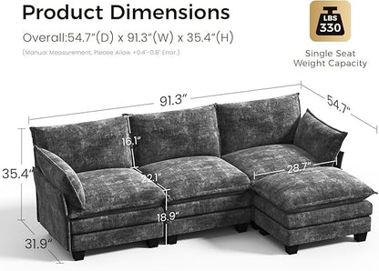 KKL Modular Sectional Sofa, L-Shaped 4 Seater Cloud Couch with Ottoman, Chenille Modern Sectional Couches for Living Room, Apartment, Grey