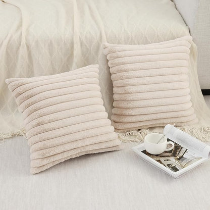 Pallene Faux Fur Plush Throw Pillow Covers 24x24 Set of 2, Luxury Soft Fluffy Striped Decorative Pillow Covers for Sofa, Couch, Living Room, Apricot
