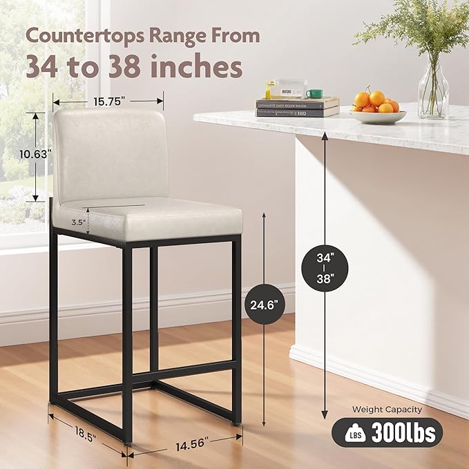ALPHA HOME 24 Inch Bar Stools Set of 2, Kitchen Counter Stools with Backs, PU Leather Barstools, Kitchen Stools with Back&Upholstered Footrest, Sturdy Chromed Metal Steel Frame, Light Gray