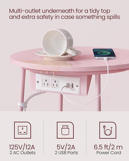 VASAGLE LILEA Collection - Side Table with Charging Station, Round End Table with Fabric Basket, Nightstand with USB Ports, for Living Room, Bedroom, Modern, Jelly Pink and Cream White ULET228R01