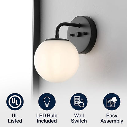 JONATHAN Y JYL3534B Louis Parisian Globe 5.75" 1-Light Metal/Frosted Glass Modern Contemporary LED Vanity Light Midcentury, Glam, Transitional, Bathroom, Powder Room, Dressing Room, Bedroom, Black