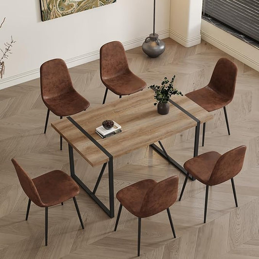 6 Chair Dining Table Set，Dinner Table Set for 6, 55'' Kitchen Table and Suede Nap Fabic Chairs Set of 6, 7 Piece Dining Table Set for Kitchen Dining Room