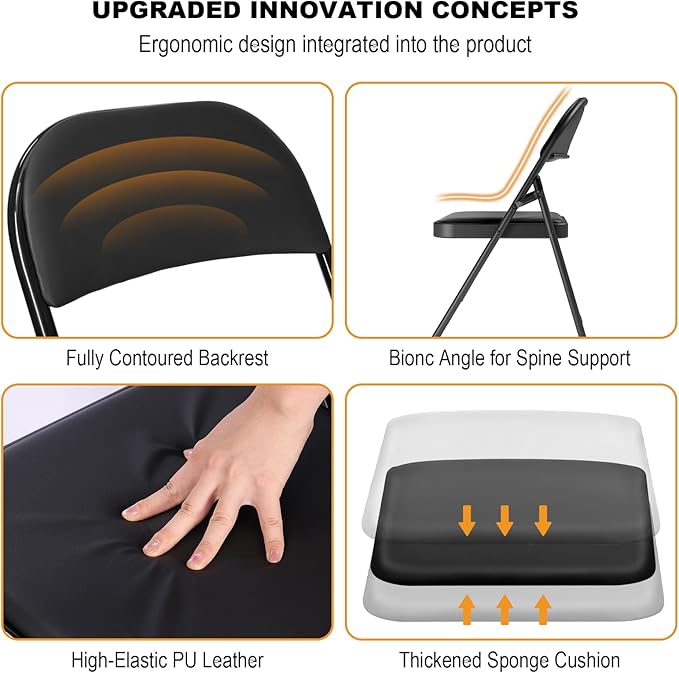 4 Pack Black Folding Chairs with Padded Cushion for Outside, Portable Stackable Commercial Metal Foldable Chairs with Steel Frame for Home Events Office Wedding Party, 350lbs Capacity
