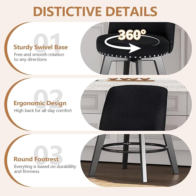 MINCETA Bar Stool, 26 Inch Upholstered Barstool with High Back and Footrest, Swivel Counter Height Barstool for Kitchen Island Home Bar Black