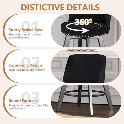 MINCETA Bar Stool, 26 Inch Upholstered Barstool with High Back and Footrest, Swivel Counter Height Barstool for Kitchen Island Home Bar Black