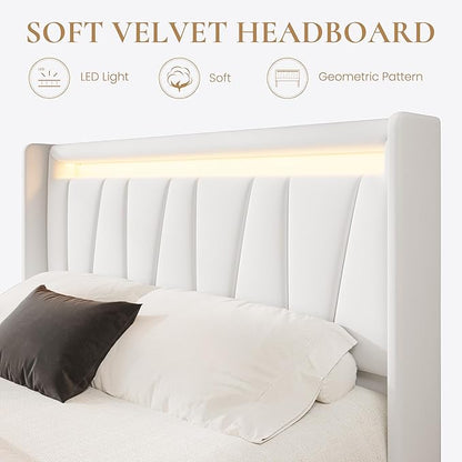 SHA CERLIN Queen Bed Frame with Charging Station and LED Lights, Modern Velvet Platform Bed with Upholstered Geometric Wingback Headboard, No Box Spring Needed, Easy Assembly, White