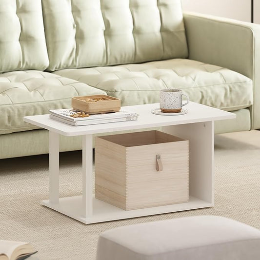 Furinno Basic Coffee Table, 2-Tier Modern Coffee Table with Open Shelf, Easy Assembly Side Table, for Living Room, Bedroom, Home Office, White