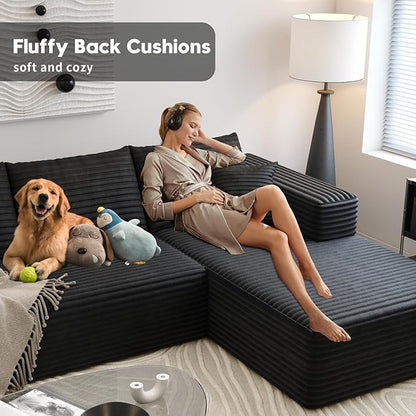 135.4" Cloud Sectional Couch with L-Shape Chaise,Modern Modular Sofa with Deep Seat, Upholstered Couches for Living Room Bedroom Apartments,No Assembly Required, (Black,Right Facing Chaise)
