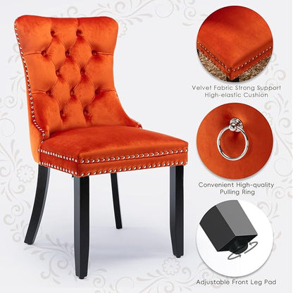 Velvet Upholstered Dining Chairs Set of 6, Modern Style Kitchen Side Chairs with Nailhead Trim and Wood Legs,Metal Pulling Ring for Dining Room Living Room(Orange,Set of 6)