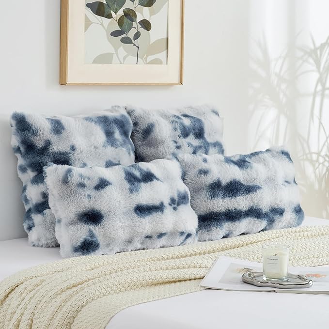 FUTEI Blue White Decorative Throw Pillow Covers 12x20 Inch Set of 2,Soft Fuzzy Faux Rabbit Fur Pillow Case with Raised Texture,Neutral Boho Home Decor for Couch Bed Living Room