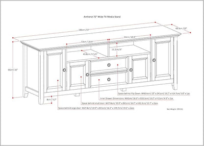 SIMPLIHOME Amherst 72-inch Wide Solid Wood TV Stand in Rustic Natural Aged Brown, Transitional-Style Media Console for Living Room with Cable Management and Adjustable Shelves, Fits 80" TVs