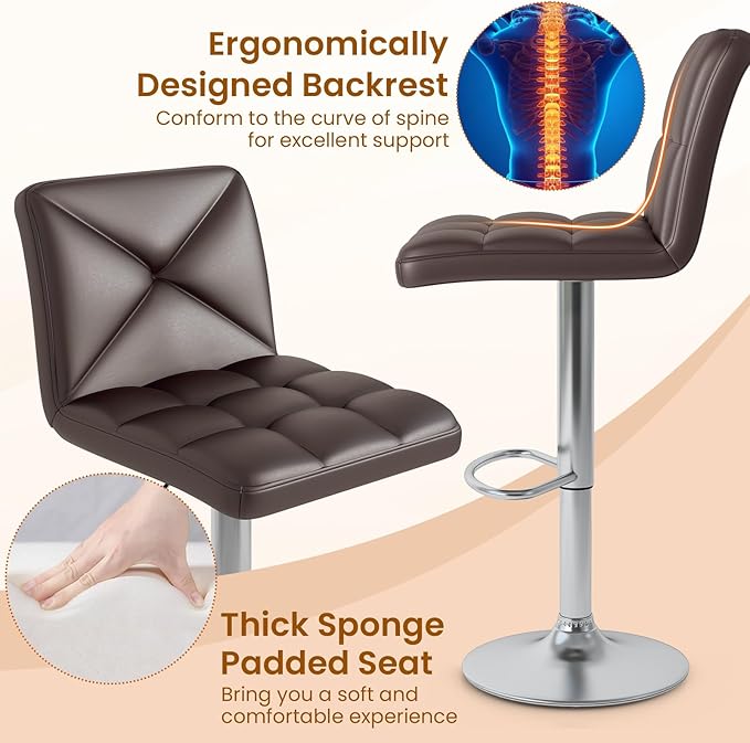 COSTWAY Bar Stools Set of 2, Modern PU Leather Swivel Bar Chairs, Height Adjustable Upholstered Barstools with Premium Gas Rod, Sturdy Footrest, Round Base, for Kitchen, Dining Room, Office,Brown