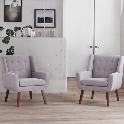 HUIMO Button-Tufted Accent Chairs Set of 2,Upholstered Reading Living Room Chair,Mid Century Modern Chair with Linen Fabric, Club Chair,Comfy Arm Chairs for Living Room,Bedroom,Light Grey