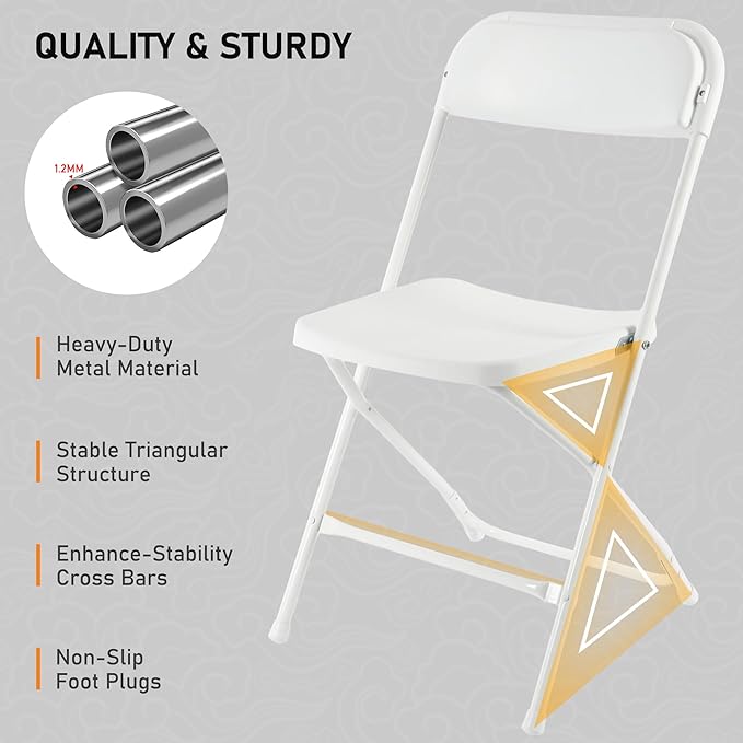 SEALAMB Plastic Folding Chairs 10 Pack, White Commercial Portable Indoor/Outdoor Chairs for Home Office, Wedding, Events Parties with Steel Frame, 350lbs Capacity (White-Plastic, 10 Pack)