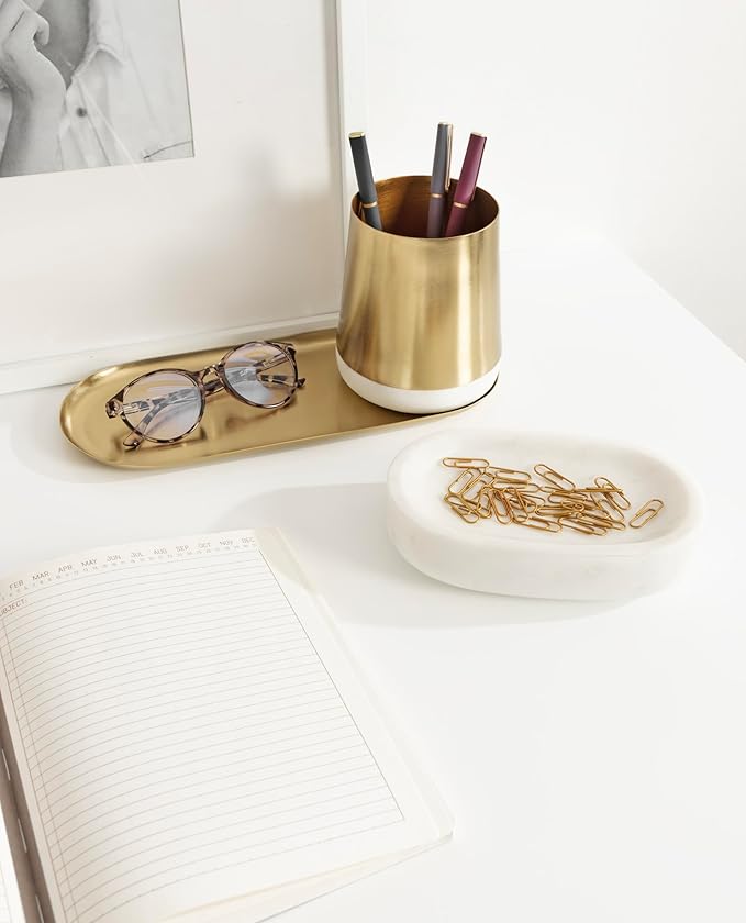 Kate and Laurel Koni Modern Glam Three-Piece Tabletop Organization Set, 12 x 6 x 5, White Marble and Gold, Marble and Metal Organizational Set for Office or Entryway Decor
