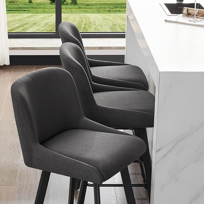Swivel Counter Height Bar Stools Set of 4, 30''H Upholstered Barstools with Backs, Modern Bar Stool Chairs for Kitchen Island, Metal Legs, Fabric, Black Grey Stools Counter Chair