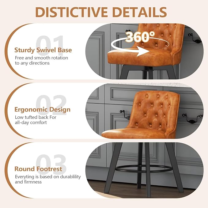 MINCETA Bar Stool, PU Leather Barstool, 30 Inch Upholstered Counter Stool with Low Tufted Back and Footrest, Swivel Counter Height Barstool for Kitchen Island Home Bar Brown
