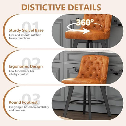 MINCETA Bar Stool, PU Leather Barstool, 30 Inch Upholstered Counter Stool with Low Tufted Back and Footrest, Swivel Counter Height Barstool for Kitchen Island Home Bar Brown