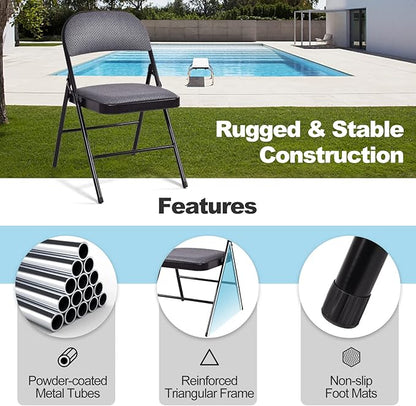 GOFLAME 6 Pack Folding Chairs, Fabric Dining Chair Set with Padded Seat & Metal Frame, Indoor Outdoor Upholstered Commercial Seat for Home Office Events Wedding Party, Grey & Black