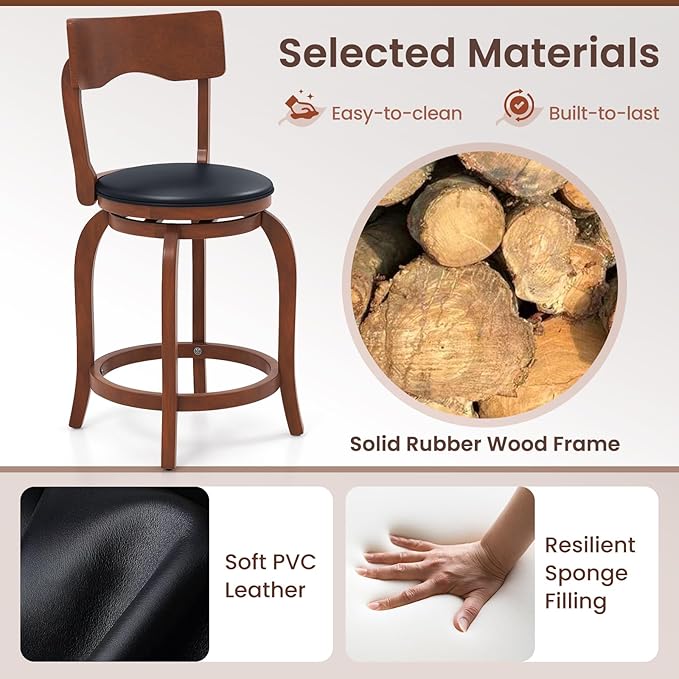 COSTWAY Bar Stools Set of 4, 24 Inch Swivel Counter Height Chairs with Rubber Wood Frame, Upholstered Seat, High Back Barstools for Kitchen Island, Home Bar, Pub, Brown (4, Seat Height: 24”)