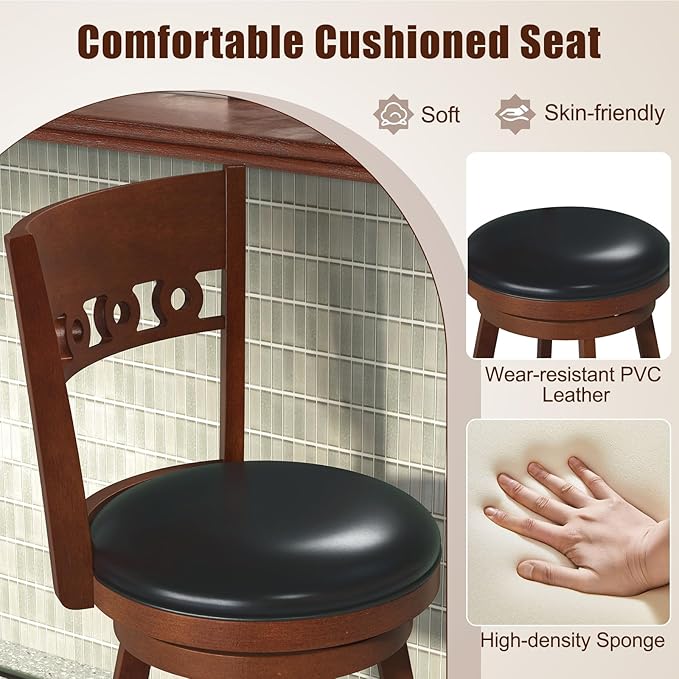 COSTWAY Bar Stools Set of 2, 24.5” Counter Height Bar stools with Solid Wood Legs, Cushioned Seat, Footrest, for Home, Kitchen Island, Bar (2, 24.5'' Seat Height)