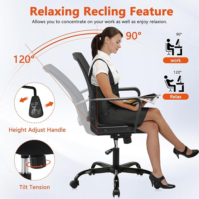CLATINA Ergonomic Desk Chair, Mid Back Mesh Computer Chair with Lumbar Support and Armrest, Height Adjustable Swivel Chair for Home Office, Black (1PK)