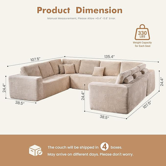 Weaxty Cloud Sectional Couch for Living Room, Oversized U Shaped Boneless Couches, Plush Corduroy Memory Foam Deep Seat Floor Sofa, No Assembly Required，Beige