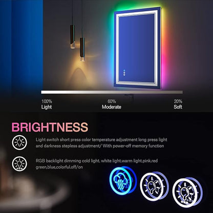 24x36 inch RGB LED Bathroom Mirror with Lights, Colorful Changing Lighted Mirror, Shatterproof Dimmable Anti-Fog LED Vanity Mirror for Bathroom (RGB Backlit + Front-Lit)