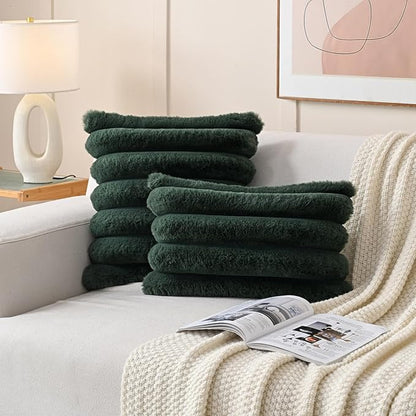 FUTEI Christmas Dark Green Decorative Throw Pillow Covers 20x20 Inch Set of 2, Square Soft Faux Rabbit Fur Thick Striped Cushion Cover,Winter Home Decor for Couch Bed Living Room