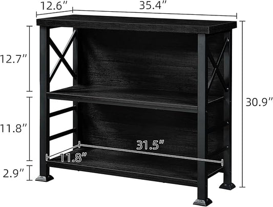 HOMBAZAAR Book Shelf,3 Tier Small Bookshelf with Metal Frame and Backboard,Black Deep Bookcase with Engineered Wood Shelves,Short Shelf Bookcase for Living Room,Bedroom and Office