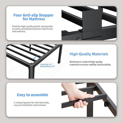 ROIL 7 inch Metal Queen Bed Frame with Rounded Corner Mattress Retainers 3500LBS Heavy Duty Steel Slats No Box Spring Needed Platform Noise-Free Easy Assemble