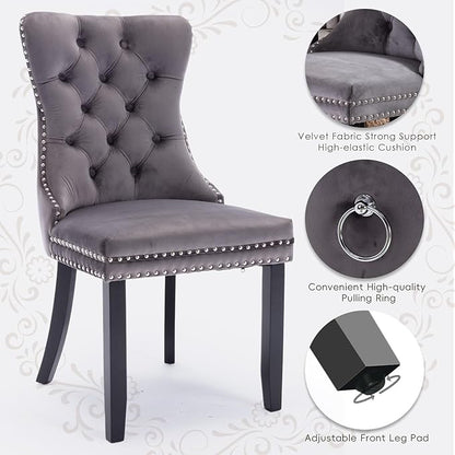 Velvet Upholstered Dining Chairs Set of 6, Modern Style Kitchen Side Chairs with Nailhead Trim and Wood Legs,Metal Pulling Ring for Dining Room Living Room(Grey,Set of 6)