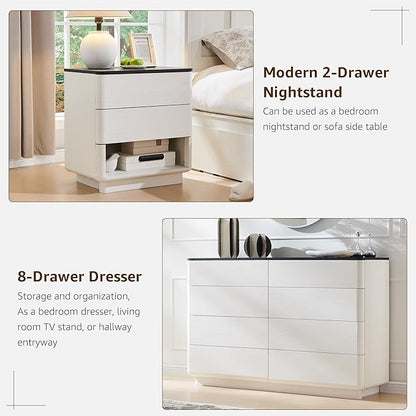 ACCOHOHO Modern Bedroom Set, 3 Pieces Bedroom Furniture Set, Includes 8 Drawers Dresser, 6 Dressers Organizer,Nightstand, Chest of Drawers Wide Storage Organizer Cabinet for Bedroom, White