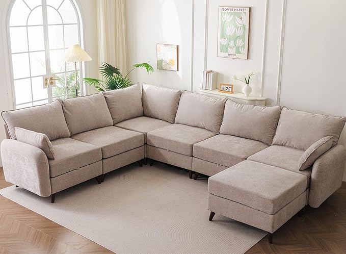 135'' Modular Sectional Sofa with Storage Seat,Oversized U Shaped Couch with Ottoman,7 Seater Couches for Living Room,Bedroom,Velet,Khaki