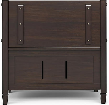 SIMPLIHOME Connaught Entryway Storage Bench - 30 inch Wide Solid Wood Small Storage Seat in Chestnut Brown, Traditional Bench for Entryway or Living Room with Lift-Up Lid and Decorative Trim