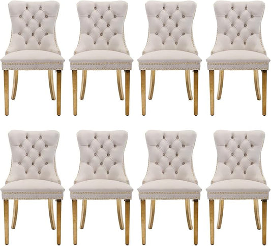 Velvet Upholstered Dining Chairs Set of 8, Modern Style Kitchen Side Chairs with Nailhead Trim and Gold Plated Leg, Metal Pulling Ring for Dining Room Living Room(Beige)