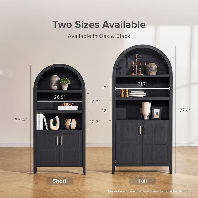 mopio Lauren 77.4" Tall Arched Cabinet, 5-Tier Arched Bookcase with Doors and Adjustable Shelves, Arch Bookshelf with Storage, Wooden Storage Cabinet for Living Room and Kitchen Pantry (Black)