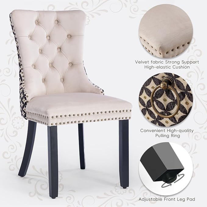 Velvet Upholstered Dining Chairs Set of 6, Modern Style Kitchen Side Chairs with Nailhead Trim and Wood Legs,Metal Pulling Ring for Dining Room Living Room(Quadrangular Star&Beige)