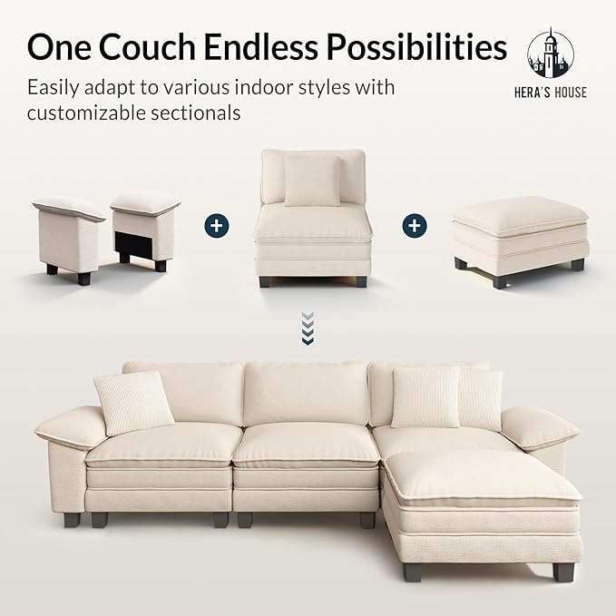HERA'S HOUSE 88" Modular Sectional Sofa, L Shaped Couches for Living Room, Comfy Cloud Couch with Ottoman, 3-Seater Deep Seat Sofa with Throw Pillow, Chenille Beige