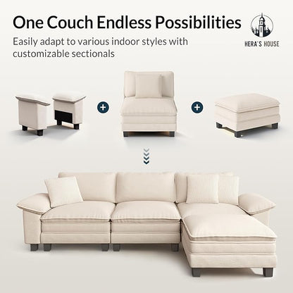 HERA'S HOUSE 124" Modular Sectional Sofa, Oversized Couches for Living Room, Comfy Cloud Couch 3-Seater Deep Seat Sofa with Throw Pillow, Chenille Beige