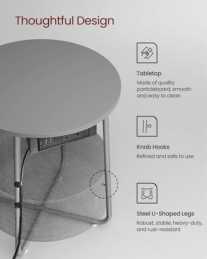 VASAGLE LILEA Collection - Side Table with Charging Station, Round End Table with Fabric Basket, Nightstand with USB Ports, for Living Room, Bedroom, Modern, Dove Gray and Slate Gray ULET228G01