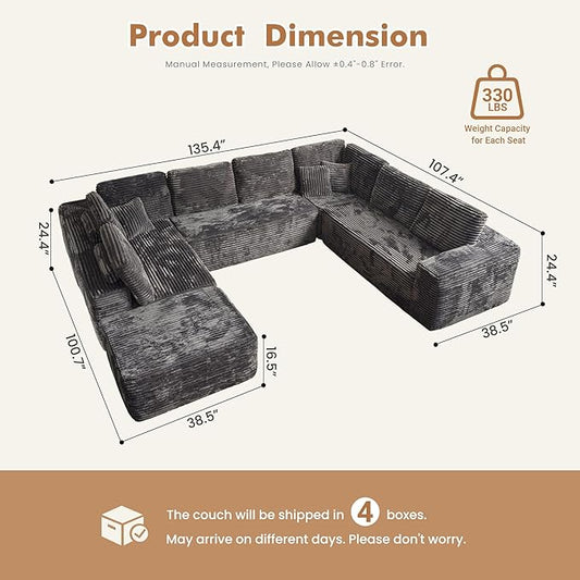 Weaxty Boneless Sectional Couch, Oversized L Shaped Modular Cloud Couches, Plush Corduroy Memory Foam Deep Seat Floor Sofa, No Assembly Required，Gray