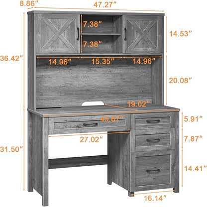 Farmhouse 67" H Executive Desk with Hutch,Computer Desk with 4 Drawers and LED light, Office table with Storage Cabinet & File Drawers and Charging Station,Workstation for Home Office and Study(Grey)