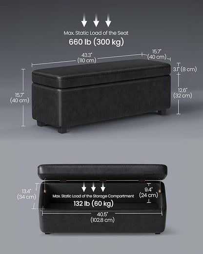 VASAGLE EKHO Collection - Storage Ottoman Bench, Entryway Bedroom Bench, 25 Gallons, Synthetic Leather with Stitching, Mid-Century Modern, Safety Hinges, Loads 660 lb, Ink Black ULOM075B01