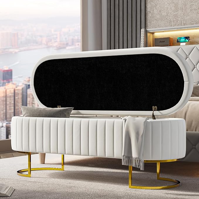 EcoHarbor Living 50" Storage Ottoman Bench with 2 Additional Ottomans, End of Bed Bench Bedroom Bench, Upholstered Velvet Long Window Bench with Gold Legs, Flipping Lid Entryway Footrest