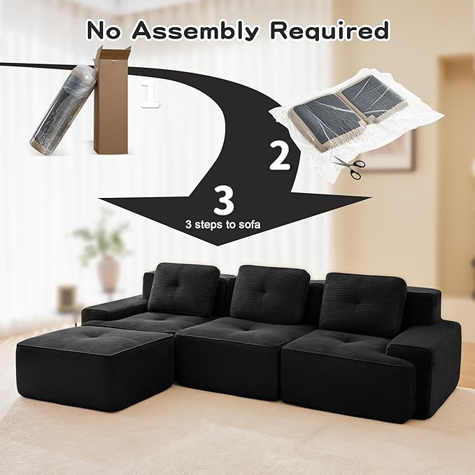 115.3” Black Boneless Couches for Living Room, Modular Sectional Sofa with L-Shape Chaise, 3 Seater Comfy Upholstered Deep Seat Corduroy Fabric Cloud Couch No Assembly, Anti-Slip Design