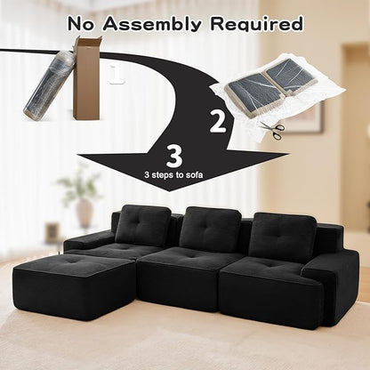 115.3” Black Boneless Couches for Living Room, Modular Sectional Sofa with L-Shape Chaise, 3 Seater Comfy Upholstered Deep Seat Corduroy Fabric Cloud Couch No Assembly, Anti-Slip Design