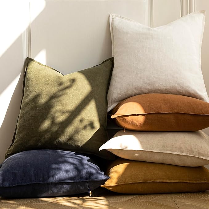 Foindtower Pack of 2, Decorative Linen Soild Throw Pillow Covers Soft Accent Cushion Case Boho Farmhouse Neutral Pillowcase for Chair Couch Sofa Bedroom Living Room Home Decor 24 x 24 Inch Cream White