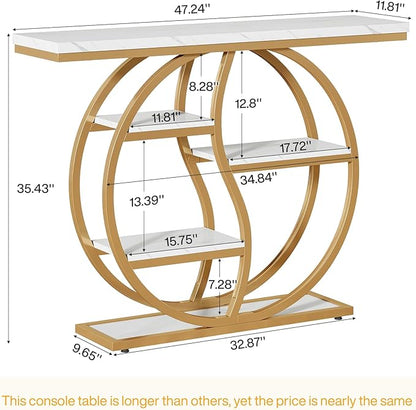Tribesigns 47.24" Industrial Console Table, 5-Tier Entryway Table with Adjustable Feet, Narrow Long Sofa Table with Storage Shelves for Living Room, Hallway, Behind Couch, Anti-Tip Design (White Gold)